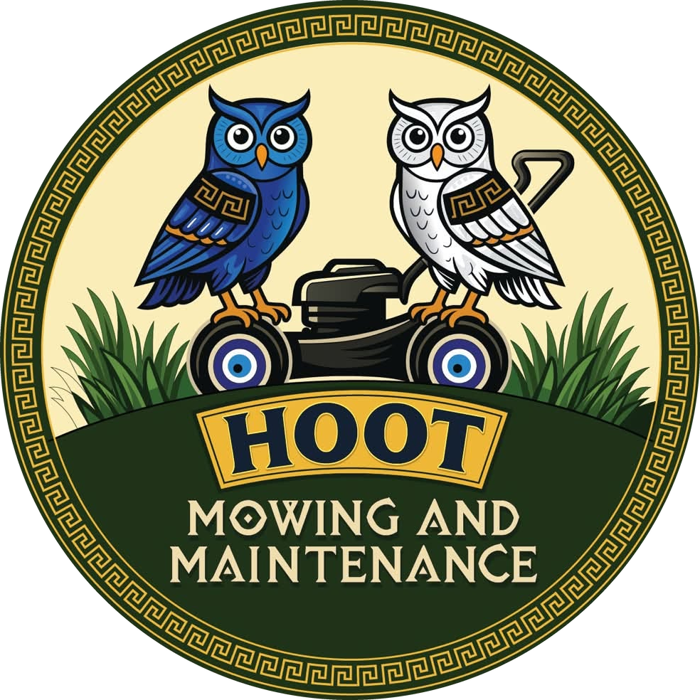 The Hoot Mowing and Maintenance emblem: two owls perched on a lawn mower